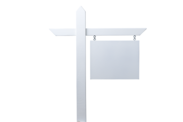 Blank hanging sign on a wooden post with a transparent background for versatile use