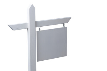 Blank white sign on wooden post for customizable messages or directions