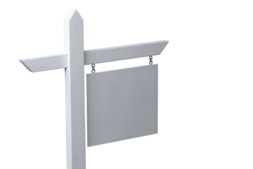 Blank white sign on wooden post for customizable messages or directions