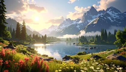 Scenic alpine lake at sunrise
