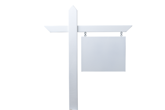 Blank hanging sign on a wooden post with a transparent background for versatile use