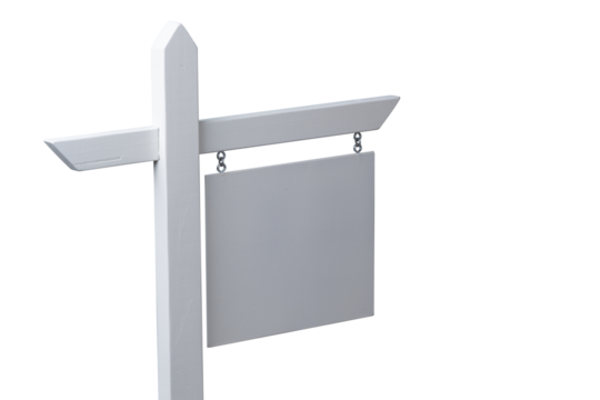 Blank white sign on wooden post for customizable messages or directions