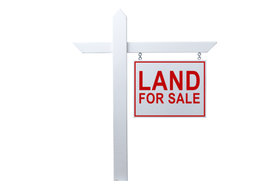 Land for sale sign on a post against a transparent background - Powered by Adobe