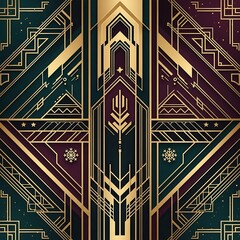 Art Deco geometric pattern with gold lines on dark teal and burgundy background.