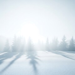 Sunlight shining through a snowy forest with tree shadows.