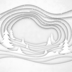 Paper cut winter landscape with trees and snow, layered design.