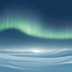 Aurora borealis over a snowy landscape, with a bright horizon and starry sky.