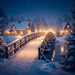 Winter wonderland: Snow-covered bridge leading to cozy houses under a starry night sky.