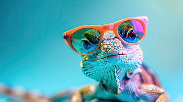 Glasses give this lizard a personality punch in a bright, playful setting. Generative AI