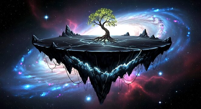 Surreal floating island with a lone tree and a deer in the vast cosmic nebula