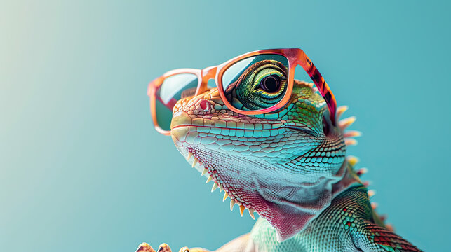 Studio-lit lizard wears shades in a visual blend of nature and eccentricity. Generative AI