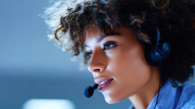 Close-up portrait of a young woman with curly hair. she is wearing a headset with a microphone attached to it. the woman appears to be in a call center or a customer service representative position.