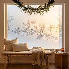 Cozy winter scene with bench, pillows, blanket, and frosted window.