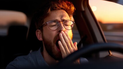 Young man yawning in car during sunset, feeling tired and sleepy while driving, showcasing the effects of fatigue on the road experience.