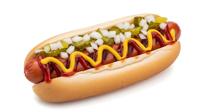 Delicious Hot Dog with Ketchup, Mustard, Onions, and Pickles - Powered by Adobe
