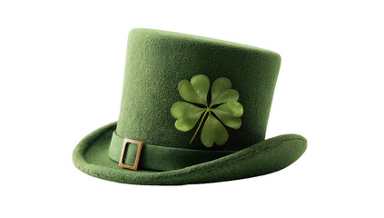 A green top hat with a shamrock emblem, centered, on a black backdrop