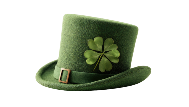 A green top hat with a shamrock emblem, centered, on a black backdrop