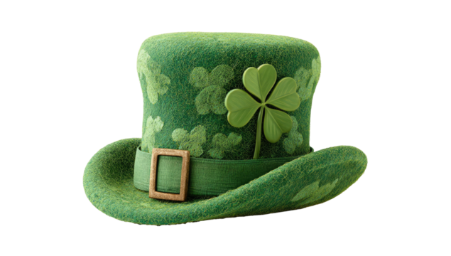 A green top hat, featuring shamrock designs, sits against a transparent black backdrop