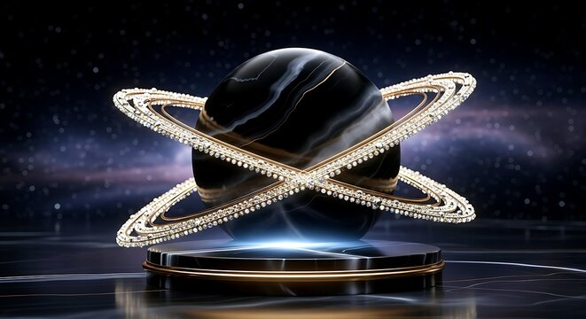Abstract cosmic planet with glowing golden rings orbiting on a futuristic pedestal in deep space