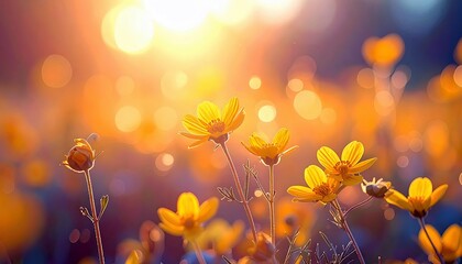 Close-up view of yellow wildflowers bathed in warm, golden hour sunlight with a blurred background of bokeh lights.