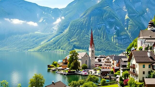 Picturesque village nestled beside a serene lake with majestic mountains in the background