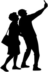 Selfie Silhouette – Friends with Phone, Modern Moment Vector