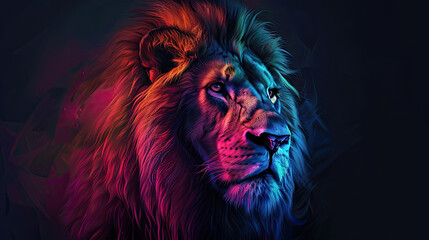 The lion’s powerful gaze contrasts with colorful paint strokes in a dramatic visual concept. Generative AI