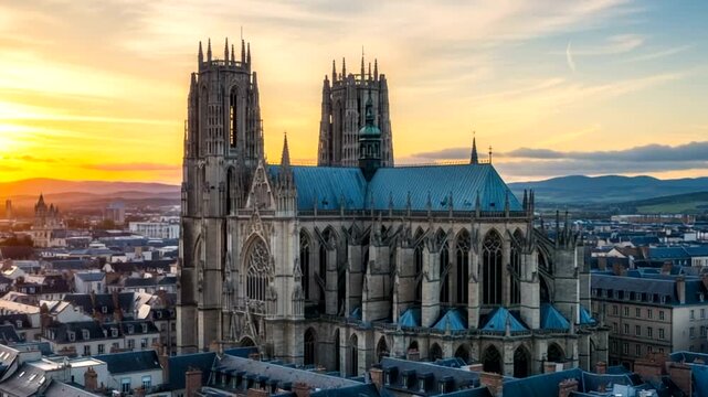 Le mans cathedral in france at sunset, a beautiful gothic architecture with a warm sky