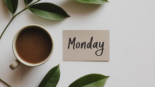 Morning coffee and monday motivation with green leaves - Powered by Adobe