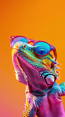 Obraz premium Reptile meets glam: a lizard in glasses stares confidently into the lens. Generative AI