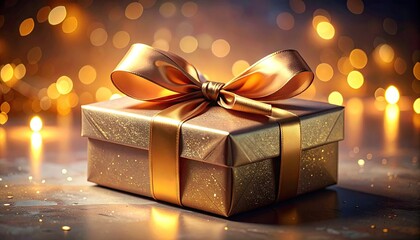 Golden Gift Box with Bow on Glittering Surface in Warm Light