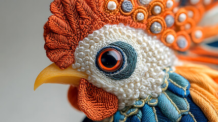 Elegant rooster zodiac fashion featuring feather-inspired patterns and detailed embroidery close-up white background 