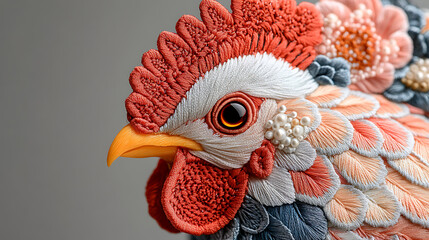 Elegant rooster zodiac fashion featuring feather-inspired patterns and detailed embroidery close-up white background 