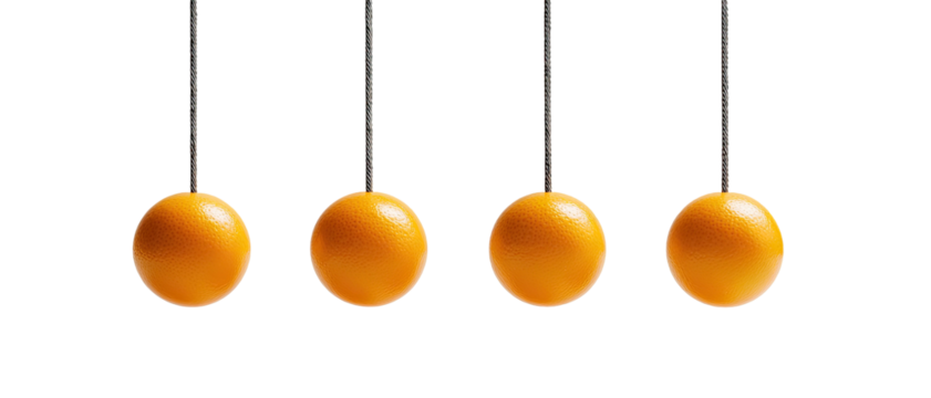 Four orange spheres are suspended by strings, creating a Newtonian cradle on a dark background