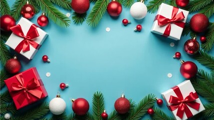 A blue background with Christmas decorations and presents - Powered by Adobe