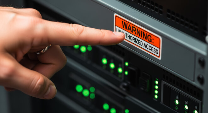 An inquisitive individual hand touches the 'Unauthorized Access' warning on a server rack, highlighting the vital importance of data security.