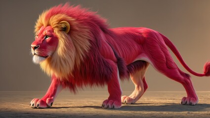 A royal red-and-gold lion crouching before leaping into dance, fur rendered with hundreds of fine strands of mineral pigment strokes.