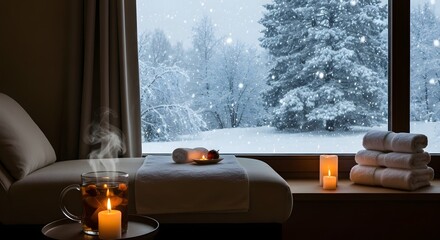 Cozy spa setting with tea and candles on a snowy winter day.
