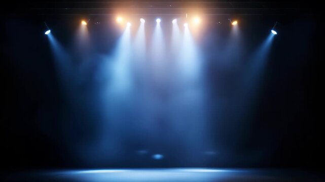Empty Stage With Dramatic Orange And Blue Spotlights Shining Down Creating Atmosphere Of Anticipation Performance And Entertainment On A