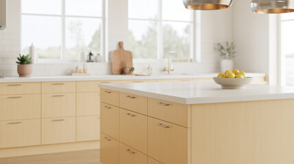 Sunlit kitchen featuring a bowl of lemons on a spacious island, creating a clean and inviting space perfect for modern living and culinary inspiration