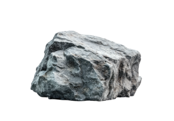 A jagged, weathered chunk of gray rock against a stark black background, isolated perfectly