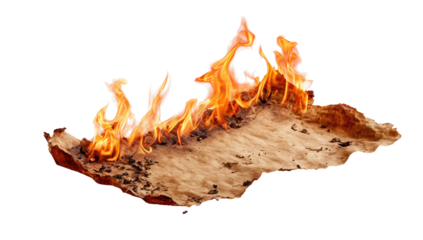 A fiery inferno consumes a curled piece of parchment against a stark, black backdrop