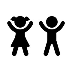 Black vector icon of children. Symbol of a boy and a girl. Happy raising both hands.