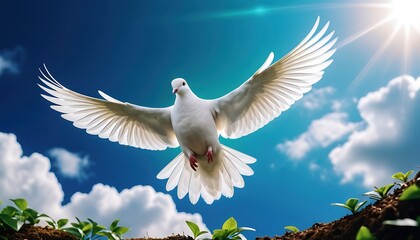 Fototapeta premium A white dove, symbolizing peace, slowly descends to earth against a bright blue sky with the sun and fluffy clouds