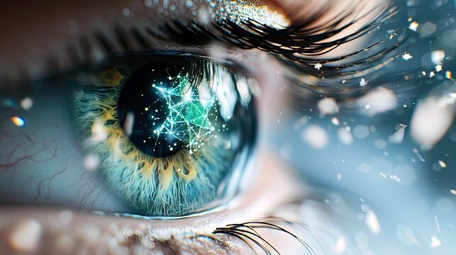 A detailed macro shot of a human eye, showcasing the iris with a complex, glowing geometric network superimposed, and shimmering particles in the background.