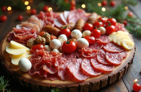 Meat and cheese platter with cherry tomatoes and small eggs on wood board. Assortment of cold cuts deli food arranged for appetizer or party meal.