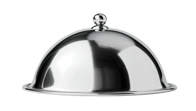 Gleaming silver serving dish, dome-shaped lid, raised rim, reflective surface, isolated on black