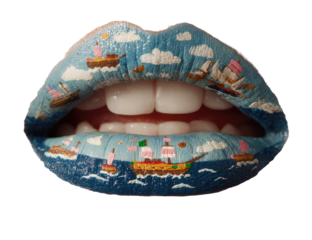 Close-up of painted lips depicting a sea scene with sailing ships and fluffy clouds