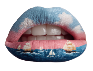 Close-up of open mouth art, painted with a sky, sea, and sailboats scene