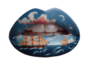Painted lips depicting a seascape with sailing ships, clouds, and a flying bird